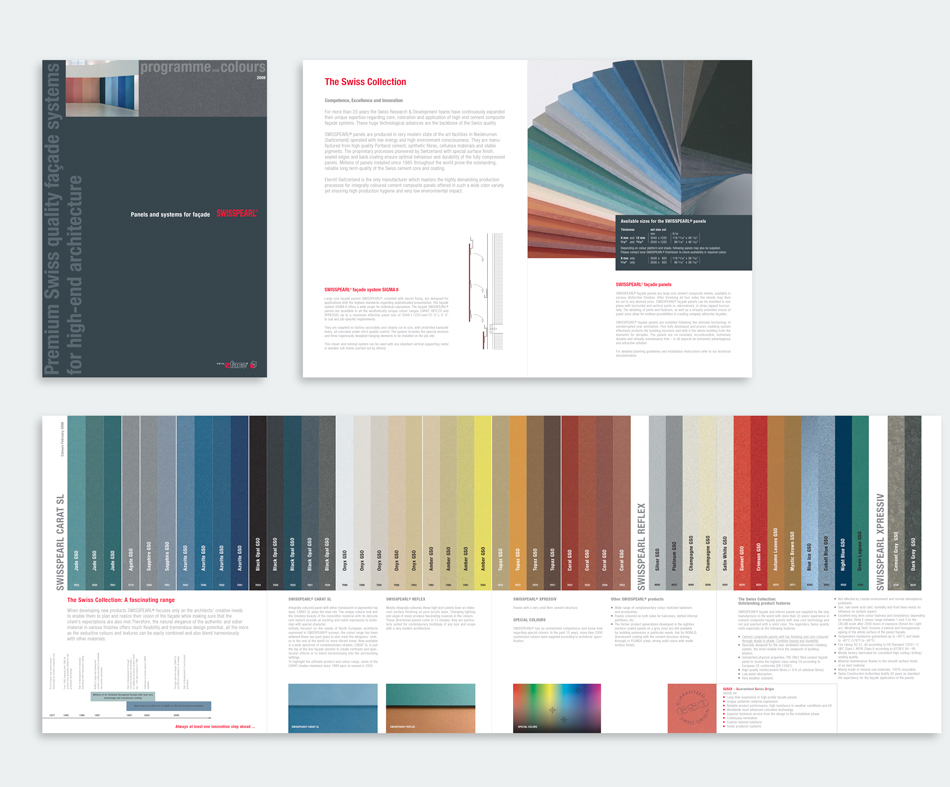 Swisspearl Fassadenplatten Gestaltung Konzept Mappe Broschüren Programm Farben Architektur