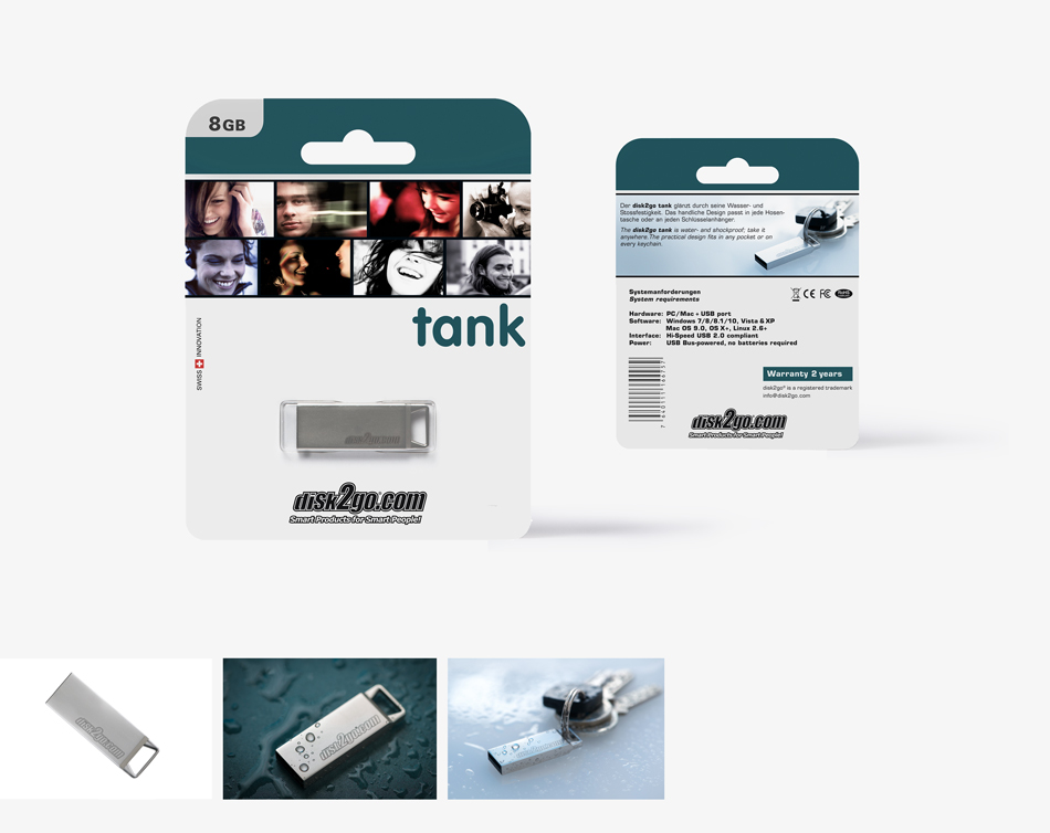 disk2go TANK / Packungsgestaltung und Produktfotografie
